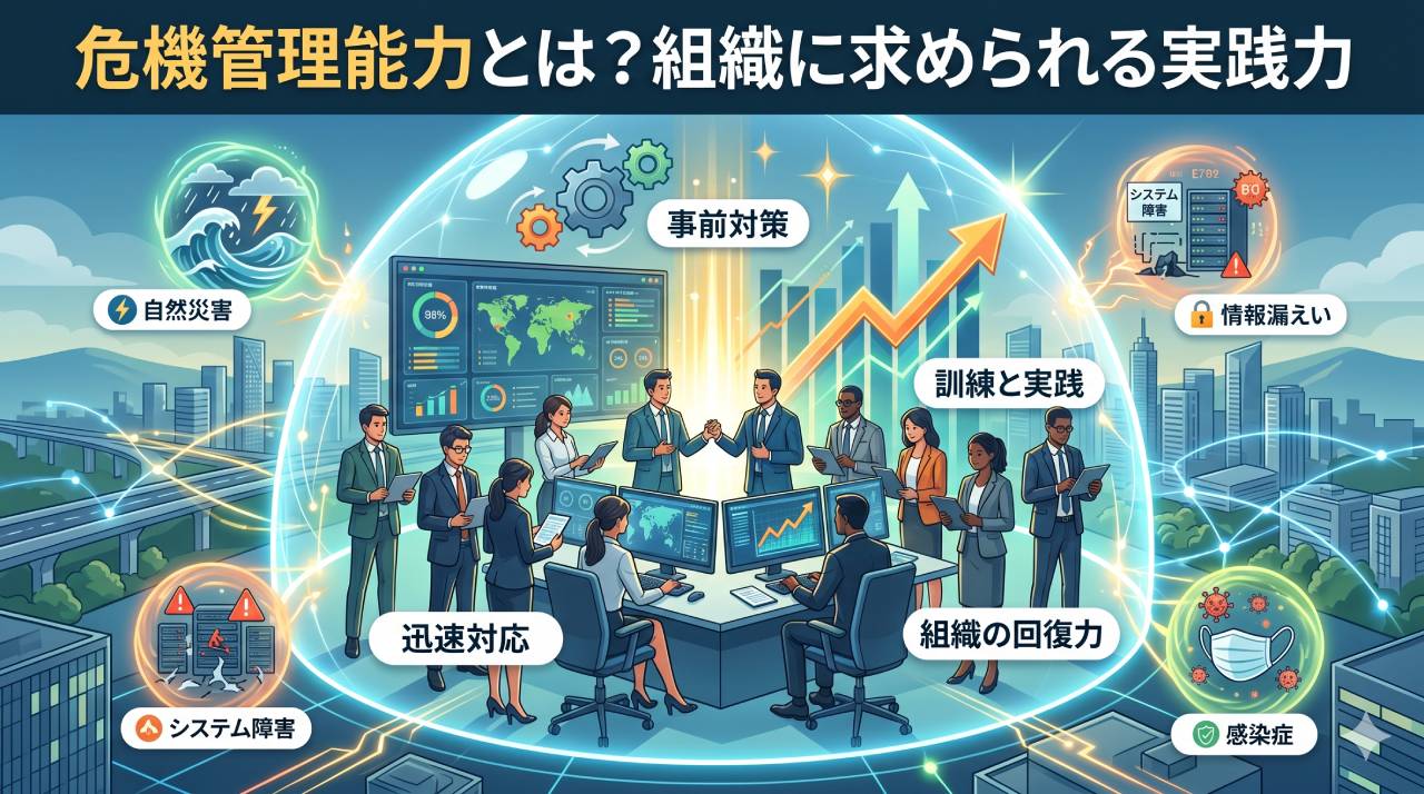 危機管理能力を示す情報図。球体の中で会議するビジネスパーソンと訓練・迅速対応・組織の回復力などの要素、周囲に自然災害・情報漏洩・感染症などのリスクアイコンが配置されている